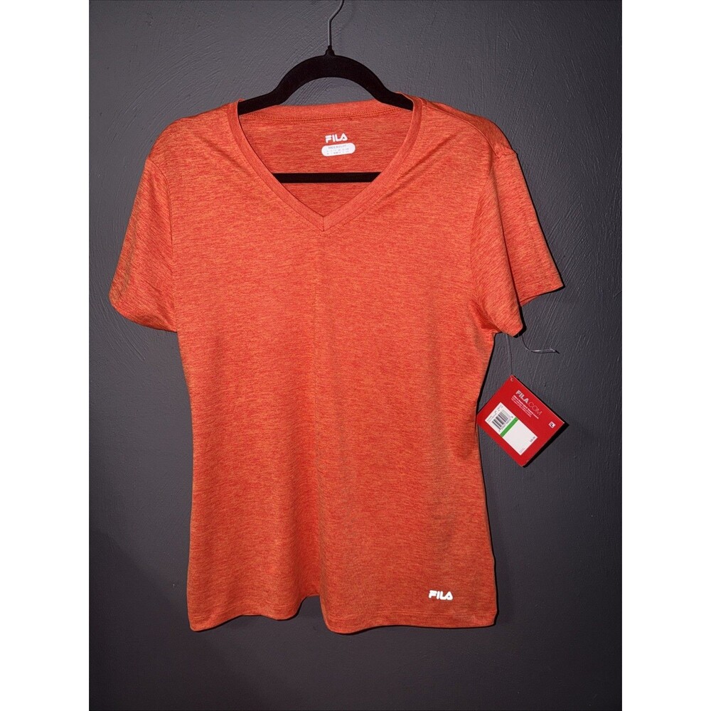New Fila Womens T Shirt V-Neck Silky Activewear Top L Orange Retail $35